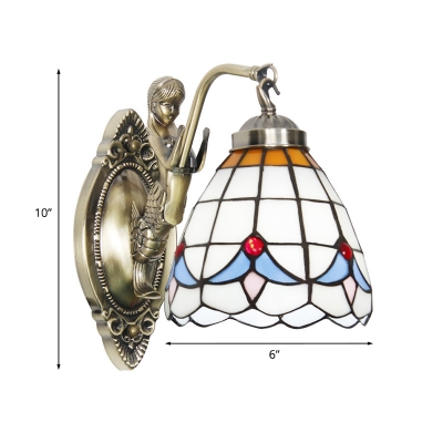 Single Kitchen Wall Light Tiffany Bronze Sconce Lamp with Spikelet White/Blue Grid Glass Shade