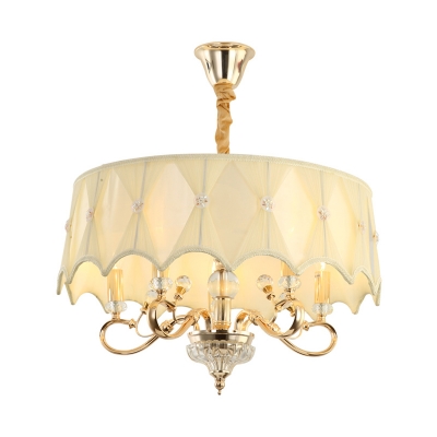 Smocked Pleated Fabric Beige Hanging Lamp Drum 5-Bulb Countryside Chandelier with Incurvated Edge
