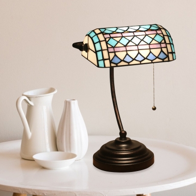 Square Patterned Cut Glass Desk Lamp Baroque 1-Head Brown/Blue Pull Chain Night Lighting for Bedroom