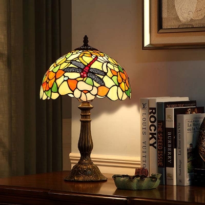 Tiffany Dome Night Light 1 Bulb Stained Art Glass Desk Lighting in Bronze with Flower and Dragonfly Pattern