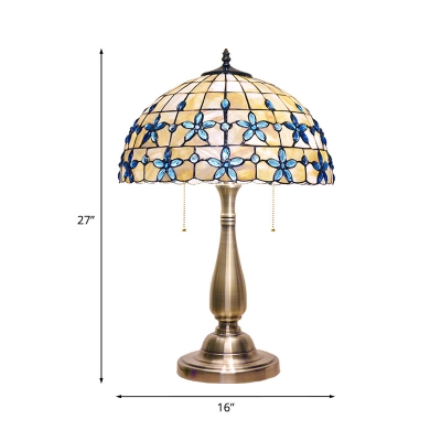 Victorian Domed Night Table Lighting 2-Head Shell Blossom Patterned Desk Light in Gold with Pull Chain