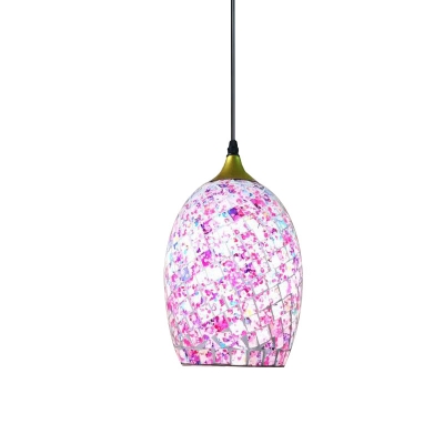 Victorian Elongated Dome Pendant Light 1 Head Stained Glass Ceiling Suspension Lamp in Black/Pink for Dining Room