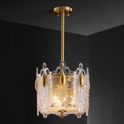 Vintage Drum Hanging Chandelier 4 Bulbs Clear K9 Crystal Suspension Pendant Light in Gold
