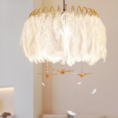 White 4-Light Hanging Pendant Contemporary Metal Feather Ceiling Chandelier for Bedroom