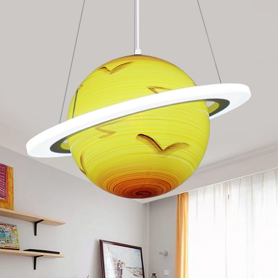 White Orbit Chandelier Light Fixture Creative LED Acrylic Hanging Pendant Lamp with Yellow-Brown Jupiter/Blue Earth/Orange Sun