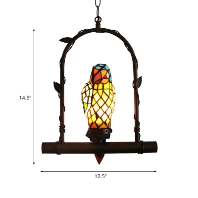 Yellow Cut Glass Parrot Pendant Tiffany 1-Light Antiqued Bronze Pendulum Light with Arched Frame