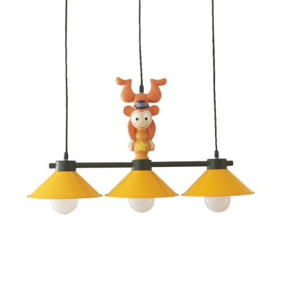 Yellow Wide Flare Island Lighting Cartoon 3 Lights Metallic Drop Pendant Lamp with Monkey Decor