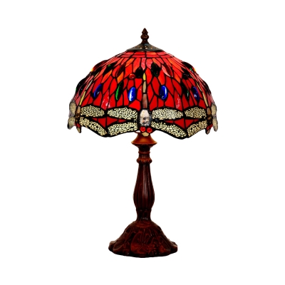 1 Bulb Bedroom Table Lighting Tiffany Bronze Dragonfly Patterned Night Lamp with Dome Cut Glass Shade