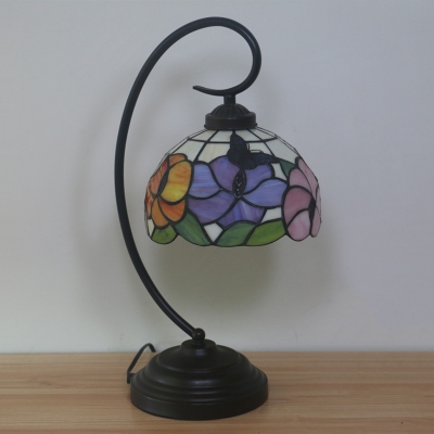 1-Bulb Bedside Night Table Light Tiffany Pink/Orange Floral and Butterfly Patterned Desk Lamp with Dome Stained Glass Shade
