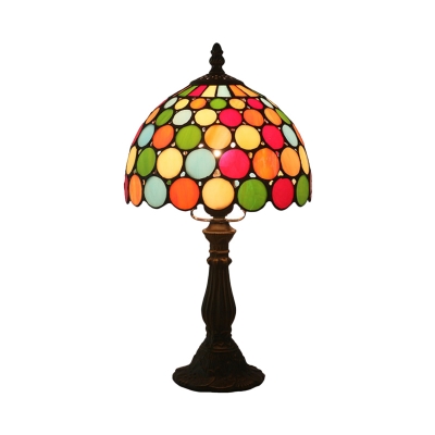 1-Bulb Domed Table Light Tiffany Dark Coffee Hand Cut Glass Nightstand Lighting with Dotted Pattern