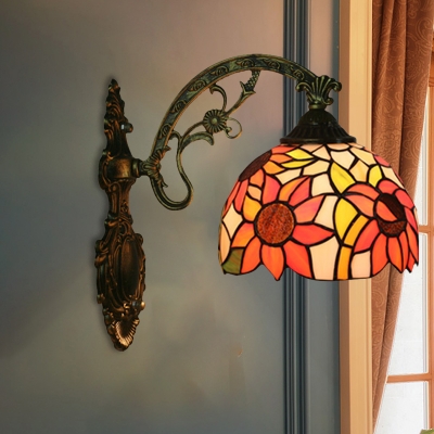 1-Head Bowl Shade Wall Mounted Light Tiffany Red/Orange/Green Handcrafted Glass Sconce with Sunflower/Rose/Morning Glory Pattern