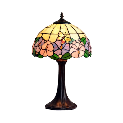 1 Light Flower and Butterfly Pattern Table Light Mediterranean Coffee Cut Glass Desk Lamp with Dome Shade