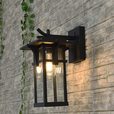 1 Light Lantern Wall Lighting Country Black/Bronze Clear Water Glass Wall Light Fixture for Outdoor