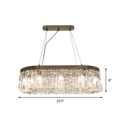 10-Bulb Hanging Island Light Modern Dining Room Pendant with Oval Crystal Shade in Chrome
