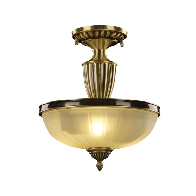 2 Bulbs Wide Bowl Semi Mount Lighting Retro Antiqued Gold Matte Glass Ceiling Flush Light