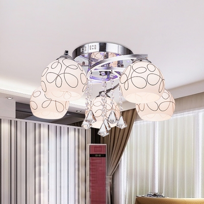 3/5 Heads Semi Flush Ceiling Light Modern Patterned Dome Shade Frosted Glass Flush Mount Fixture in Chrome