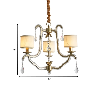 3 Heads Chandelier Lighting Rural Urn Frame Crystal-Bead Coated Pendant Lamp in Gold with Cylinder Fabric Shade