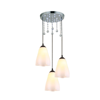 3 Heads Crystal Multi Light Pendant Simple Scalloped White Glass Hanging Lamp for Dining Room