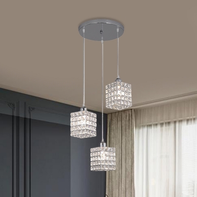 3 Heads Dining Room Cluster Pendant Lamp Contemporary Chrome Suspension Lighting with Cubic Faceted Crystal Shade