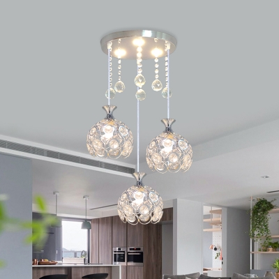 3-Light Dining Room Multi Light Pendant Simplicity Silver Hanging Lamp Kit with Sphere Crystal Encrusted Shade