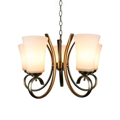 5 Heads Chandelier Lighting Fixture Rural Dining Room Ceiling Light with Conical Opal Glass Shade in Brass