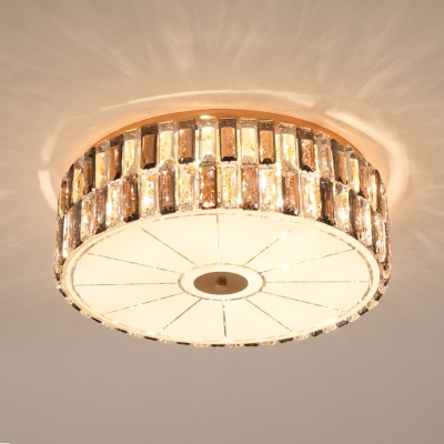 9 Lights Color-Block Crystal Ceiling Flush Modernist Gold Drum Bedroom Flushmount Lighting with Diffuser