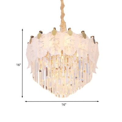 9 Lights Pendant Lighting Modern Layered Clear Crystal Chandelier with Frosted Glass Leaf Decor