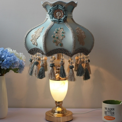 Aqua Ridged Table Lighting Pastoral Fabric 1-Light Nightstand Lamp with Tassel Knot Drop