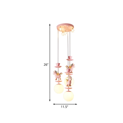 Ball Shade Multi Hanging Light Cartoon Ivory Glass 3/5 Lights Pink Drop Pendant with Unicorn Top