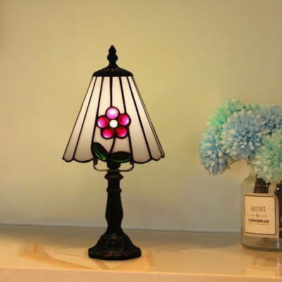 Bell/Conic Cut Glass Night Lamp Mediterranean 1 Head Pink/Red/Purple Floral Patterned Table Lighting