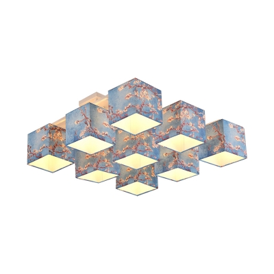 Blue 9 Lights Semi Flush Romantic Pastoral Fabric Cubic Flush Mount with Blossom Pattern