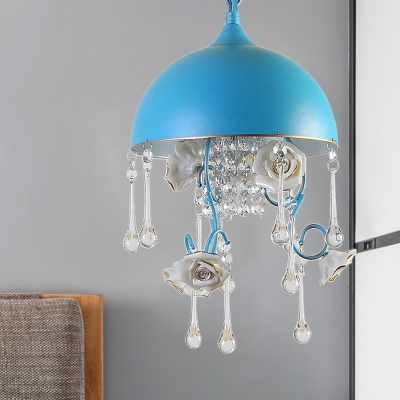 Blue Bowl Hanging Lamp Nordic Metal 3-Bulb Dining Room Chandelier with Hand-Worked Rose and Crystal Drop