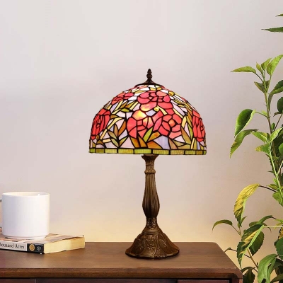 Bowl/Dome Night Table Light 1-Head Stained Glass Tiffany Nightstand Lamp in Red/Orange with Flower Pattern