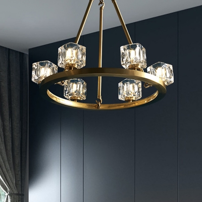 Brass 6 Bulbs Chandelier Lamp Postmodern Crystal Block Cube Pendant Light with Round Design