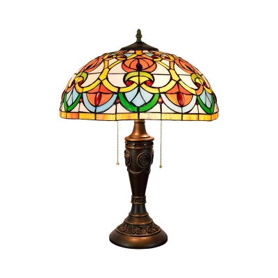 Bronze 2 Heads Night Lighting Tiffany Style Stained Glass Domed Shade Pull Chain Nightstand Lamp for Bedroom