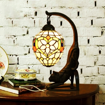 Bronze Cat Table Lamp Baroque 1 Head Resin Night Light with Floral Stained Glass Shade