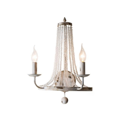 Candle Bedroom Sconce Lamp Traditional Iron 2 Heads White Wall Light with Crystal Strand