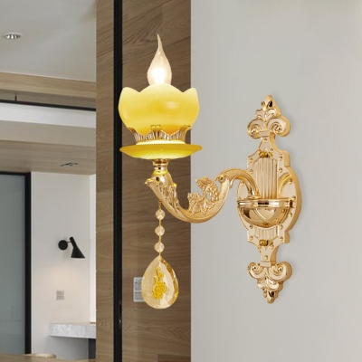 Candlestick Bedroom Wall Light Traditional Yellow Glass 1 Head Gold Sconce with Crystal Drop