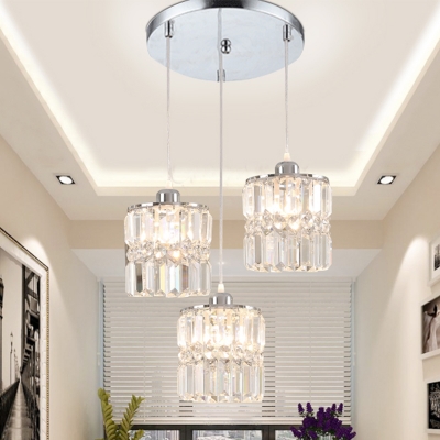 Chrome 3 Bulbs Cluster Pendant Minimalism Crystal Cylindrical Hanging Ceiling Light