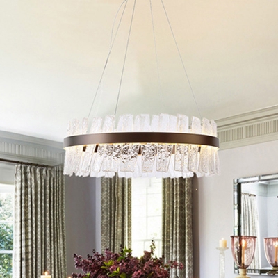 Circular Clear Glass Chandelier Luxurious Dining Room LED Ceiling Hang Fixture in Gold