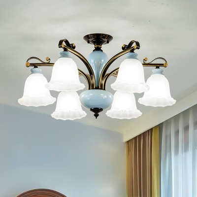 Classic Flared Semi Mount Lighting 6/8-Light White Glass Close to Ceiling Light with Curved Arm