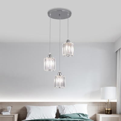 Clear Crystal Cylinder Multi Pendant Light Modernism 3-Light Silver Finish Ceiling Suspension Lamp