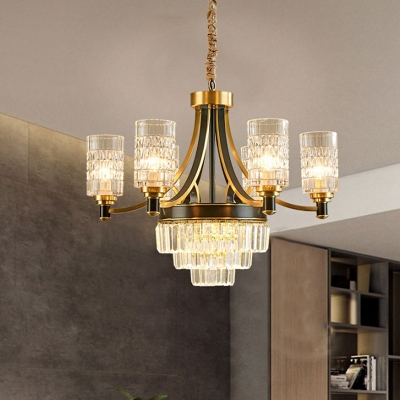 Clear Glass Gold Hanging Lamp Cylindrical 6 Lights Traditionalist Chandelier Pendant Light