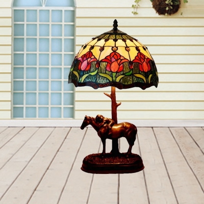 Coffee Floral Patterned Nightstand Lighting Victorian 1-Head Stained Art Glass Horse Table Lamp with Domed Shade