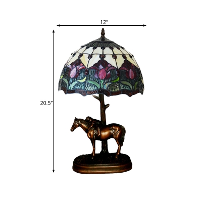 Coffee Floral Patterned Nightstand Lighting Victorian 1-Head Stained Art Glass Horse Table Lamp with Domed Shade