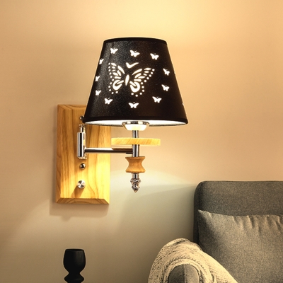 Conical Fabric Sconce Light Kids 1/2-Bulb Black Wall Lamp with Butterfly Pattern and Wood Backplate