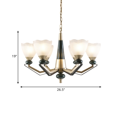 Conical Living Room Chandelier Light Fixture Rural Style White Prismatic Glass 3/6 Lights Gold Suspension Lamp