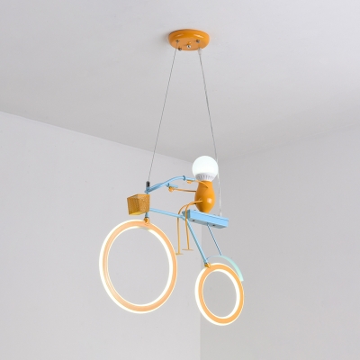 Cool Bot Riding Bicycle Pendant Light Kids Acrylic Bedroom LED Hanging Chandelier in Yellow