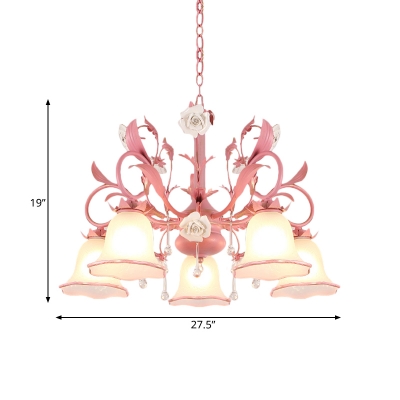 Cream Glass Pink Chandelier Floral 3/5 Bulbs Pastoral Style Pendant with Draping for Bedroom