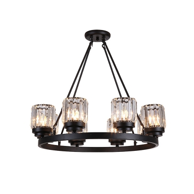 Crystal Block Cylinder Chandelier with Ring Design Modernist 8-Bulb Living Room Pendulum Light in Black
